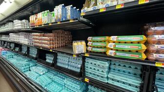 U.S. consumer confidence fell for the fourth consecutive month in March as consumers worried about the prices of eggs and other household staples, as well as tariffs and the labor market. Eggs on a shelf