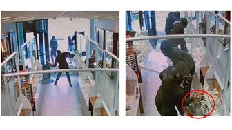 Authorities have arrested two of the four suspects in the December 2024 smash-and-grab robbery of Tarrytown Jewelers in Hartsdale, New York, a town about 30 miles north of New York City. These surveillance video stills provided the U.S. Attorney’s Office in New York show the robbery in progress. Surveillance footage of robbery