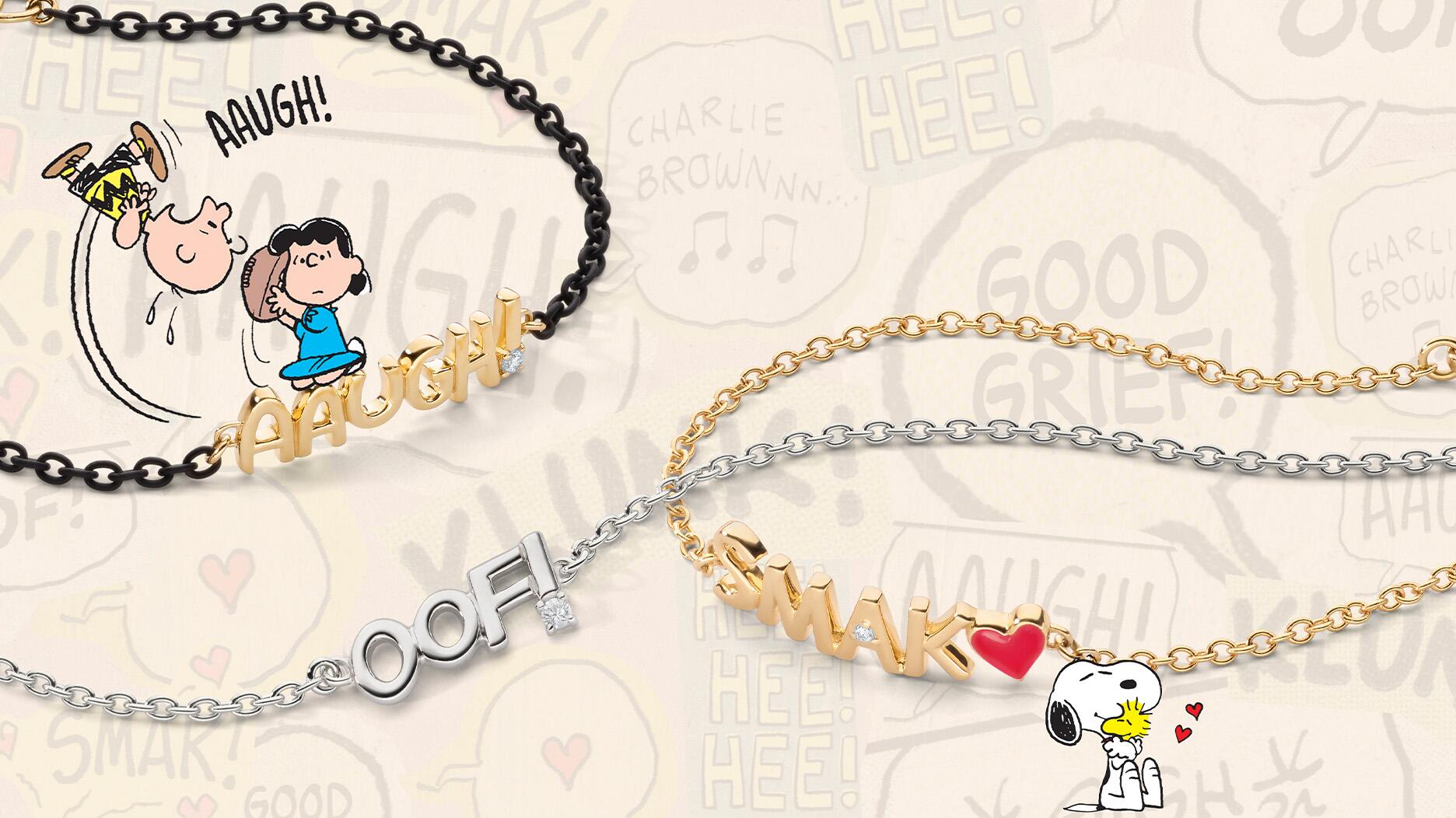 The “Aaugh,” “Oof,” and “Smak” bracelets bring the Peanuts characters to life in this collaborative collection celebrating the comic’s 75th anniversary and fine jewelry brand Monica Rich Kosann’s 20th anniversary. (Image copyright: Peanuts) Peanuts x Monica Rich Kosann Collection Bracelets