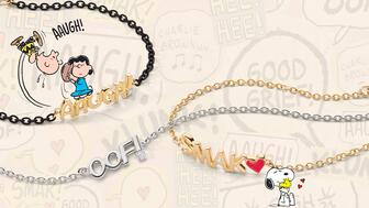 The “Aaugh,” “Oof,” and “Smak” bracelets bring the Peanuts characters to life in this collaborative collection celebrating the comic’s 75th anniversary and fine jewelry brand Monica Rich Kosann’s 20th anniversary. (Image copyright: Peanuts) Peanuts x Monica Rich Kosann Collection Bracelets
