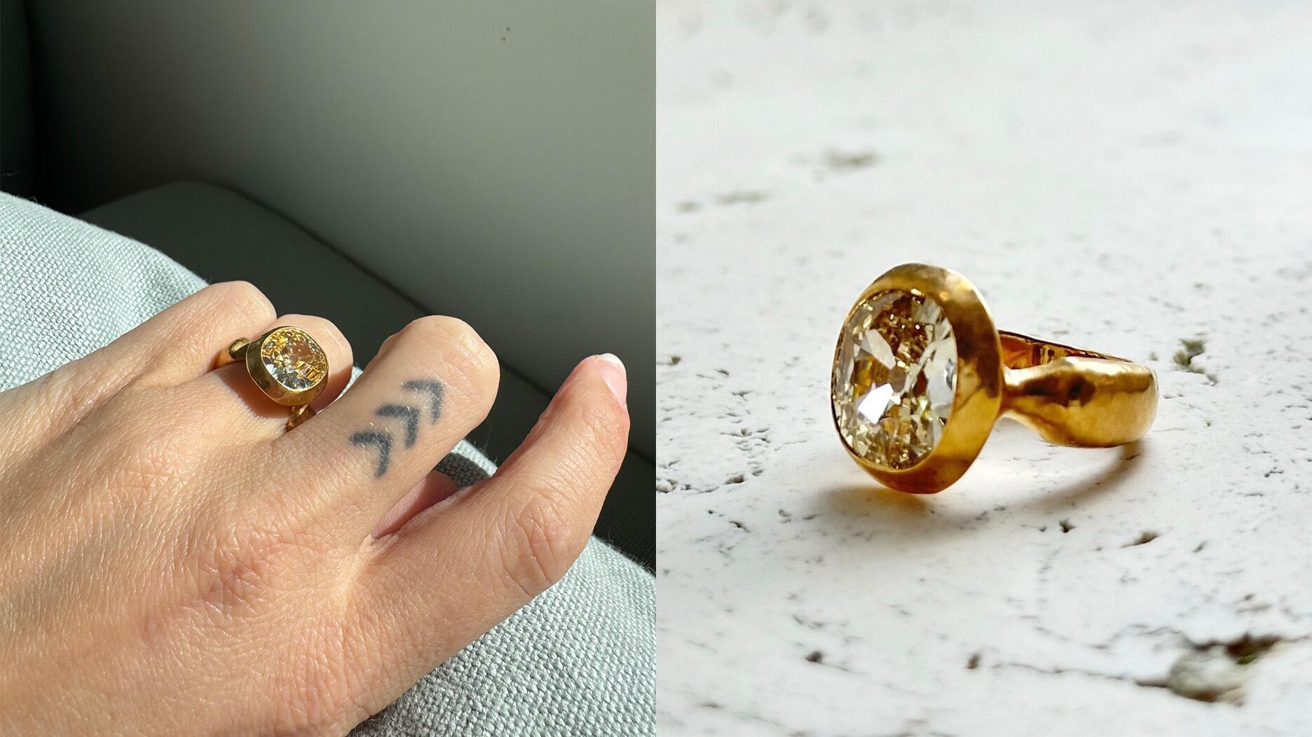Tallulah Willis, daughter of Bruce Willis and Demi Moore, worked with designer Karina Rousou of Karina Noel to create her engagement ring with an antique fancy light brownish yellow diamond with VS1 clarity set in 22-karat yellow gold. (Image courtesy of Tallulah Willis and Karina Rousou) Tallulah Willis’ Engagement Ring