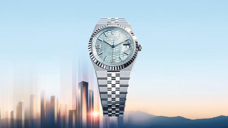 The Land-Dweller timepiece introduces Rolex’s calibre 7135 and its “Dynapulse” escapement. The line includes three styles, including the 40 mm platinum option with an ice blue dial, seen here ($63,500). (Image copyright: Rolex) Rolex Land-Dweller Platinum Watch