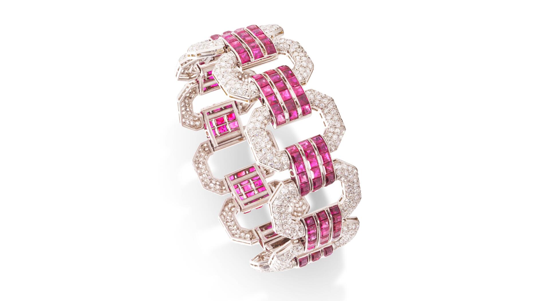 At its Paris jewelry auction on Apr. 24, Bonhams will offer a single-owner collection of Chaumet jewelry, as well as diamond and colored gemstone pieces, including a diamond necklace from 1840. Chaumet Art Deco ruby and diamond bracelet