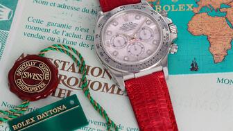 This platinum 1998 Cosmograph Daytona, Ref.16516, with a diamond-set mother-of-pearl dial is estimated to fetch between $850,000 and $1.7 million when it goes up for auction at Sotheby’s. 1999 Cosmograph Daytona, Ref.16516