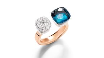 An 18-karat rose and white gold Pomellato “Nudo” toi et moi ring with diamonds and London blue topaz ($8,650). The brand’s parent company Kering reported declining sales in its first quarter. Pomellato Nudo toi et moi ring