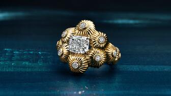 The “Sea Turtle” ring, from the “Sea Turtle” chapter of the 2025 Tiffany & Co. Blue Book, features a more than 5-carat diamond set in platinum with an 18-karat yellow gold and diamond design surrounding the stone. All pieces in the Tiffany & Co. Blue Book are price upon request. (Image courtesy of Tiffany & Co.) Tiffany & Co. Sea Turtle Ring
