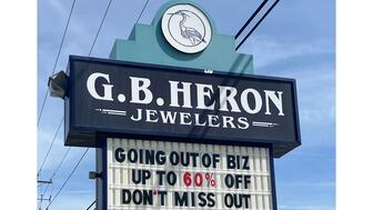 G.B. Heron Jewelers in Salisbury, Maryland, will soon close after 36 years in business. (Image courtesy of G.B. Heron Jewelers’ Facebook page) G.B. Heron Jewelers sign