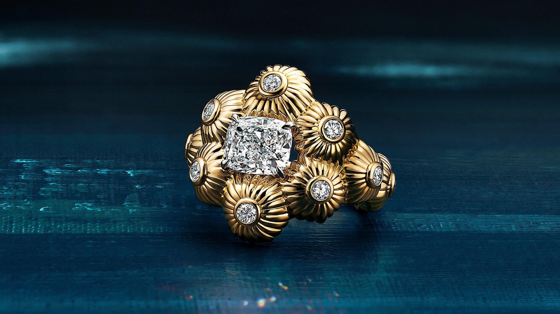 The “Sea Turtle” ring, from the “Sea Turtle” chapter of the 2025 Tiffany & Co. Blue Book, features a more than 5-carat diamond set in platinum with an 18-karat yellow gold and diamond design surrounding the stone. All pieces in the Tiffany & Co. Blue Book are price upon request. (Image courtesy of Tiffany & Co.) Tiffany & Co. Sea Turtle Ring