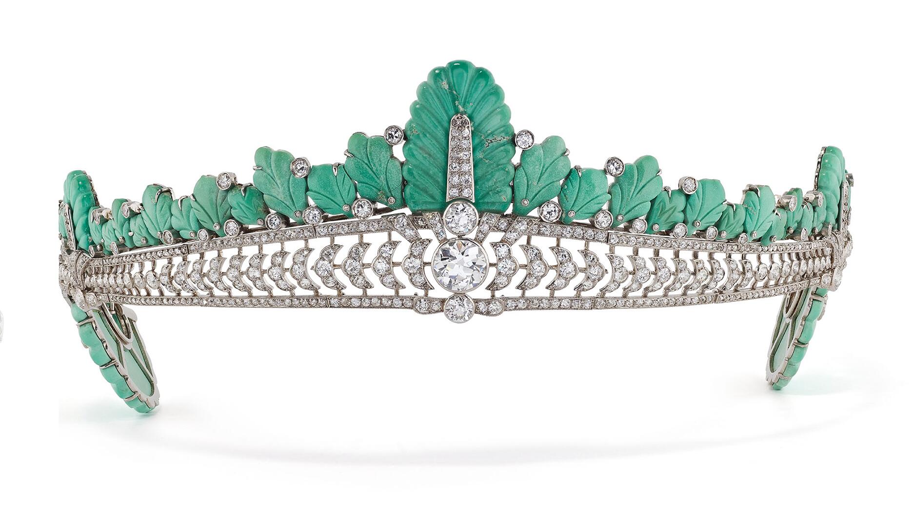 This turquoise and diamond tiara by Cartier, which belonged to American-born British politician Nancy Astor, is up for auction at Bonhams “London Jewels” sale next month. Nancy Astor Cartier turquoise and diamond tiara