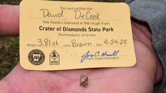 David DeCook, a Minnesotan who frequents the Arkansas park, found the 3.81-carat stone on a family visit to the site on Apr. 21. David DeCook Crater of Diamonds State Park 3.81-carat brown Duke Diamond