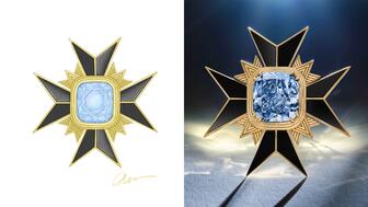 Jewelry designer Lauren Harwell Godfrey created this brooch using “The Mediterranean Blue,” a 10-carat blue diamond, inspired by the theme of this year’s Met Gala, “Superfine: Tailoring Black Style.” At left is Godfrey’s sketch, while the finished brooch is pictured at right. Harwell Godfrey Met Gala brooch with Mediterranean Blue diamond