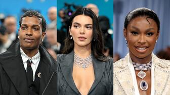 Opulent necklaces graced the necklines of celebrities on the 2025 Met Gala blue carpet, from event Co-Chair A$AP Rocky’s Bulgari 12-carat ruby and diamond necklace (left), to Kendall Jenner’s opulent Chopard diamond collar (center), and Coco Jones’ statement tanzanite and diamond necklace by India-based Manish Malhotra Jewellery (right). 2025 Met Gala jewelry