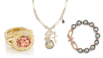 Pictured are pieces that embody three of the top 10 jewelry trends of the past decade. From left to right, Harwell Godfrey’s snake ring, a Foundrae necklace that is an example of the #neckmess trend, and the “Tiffany Titan by Pharrell Williams” unisex pearl and rose gold bracelet. Harwell Godfrey Snake Giza Ring, Foundrae Mind, Body Soul Story Necklace, Tiffany & Co. Tiffany Titan By Pharrell Williams Bracelet