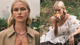 Designer Jessica McCormack’s new collection of earrings, necklaces, and pendants turns sapphires, rubies, and emeralds into peaches, pears, apples, cherries, and lemons. Pictures is some of the imagery from the campaign for “Fruit Salad.” Jessica McCormack Fruit Salad Campaign Imagery