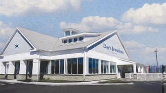 A painting of Day’s Jewelers ninth location in New England. It will feature on-site jewelry repair and custom design services. Day’s Jeweler’s Tuscan Village Location Painting