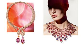 Bulgari’s “Polychroma” high jewelry collection is filled with colorful “millionaire products” including the “Invisible Violet” necklace, seen left, and “Rainbow Flow” necklace. All pieces are price upon request. Bulgari Invisible Violet Necklace and Rainbow Flow Necklace