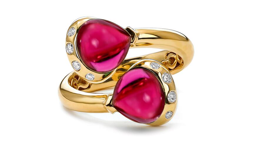 Of the 16 sugary Amada’s Style File selects is the Mark Henry “Gumdrop” bypass ring with pink tourmalines and diamonds in 18-karat yellow gold ($4,350). Mark Henry Gumdrop Bypass Ring