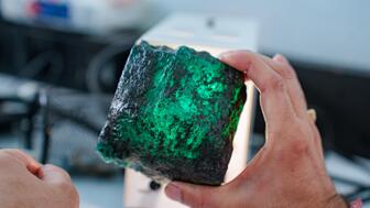 The 6,620-carat “Pilala” emerald was one of 112 lots offered at Grizzly’s recent medium- to high-grade rough emerald auction. Grizzly Mining Pilala emerald