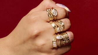 The eight 14-karat gold rings in “AU79,” a new capsule collection from designer Viviana Langhoff. The collection, which celebrates the significance and history of gold, is slated to have 20 pieces. (Photo courtesy of Viviana Langhoff) The eight rings in Viviana Langhoff’s AU79 jewelry collection