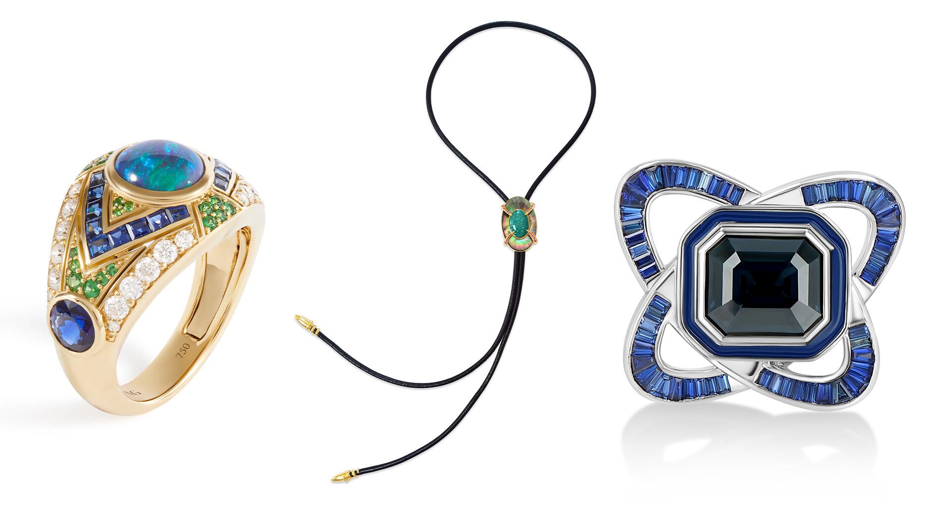 Couture’s Design Atelier hosts emerging brands for up to three years, then they graduate to the show’s main ballroom. Pictured here from left to right, Laura Gallon Joaillerie’s “Dynasty” ring ($21,200), Bijules’ “Compass” bolo tie ($15,000), and Löf’s “The Orbitalis” ring ($35,000). Laura Gallon Joaillerie “Dynasty” ring, Bijules “Compass” bolo tie, Löf “The Orbitalis” ring