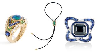 Couture’s Design Atelier hosts emerging brands for up to three years, then they graduate to the show’s main ballroom. Pictured here from left to right, Laura Gallon Joaillerie’s “Dynasty” ring ($21,200), Bijules’ “Compass” bolo tie ($15,000), and Löf’s “The Orbitalis” ring ($35,000). Laura Gallon Joaillerie “Dynasty” ring, Bijules “Compass” bolo tie, Löf “The Orbitalis” ring