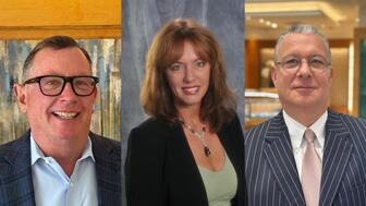 The National Jeweler Retailer Hall of Fame Class of 2025, from left to right: Tom Dixon of Schwanke-Kasten Jewelers, Kathy Corey of Day’s Jewelers, and Jeffrey Zimmer of Reeds Jewelers. 2025 National Jeweler Retailer Hall of Fame inductees