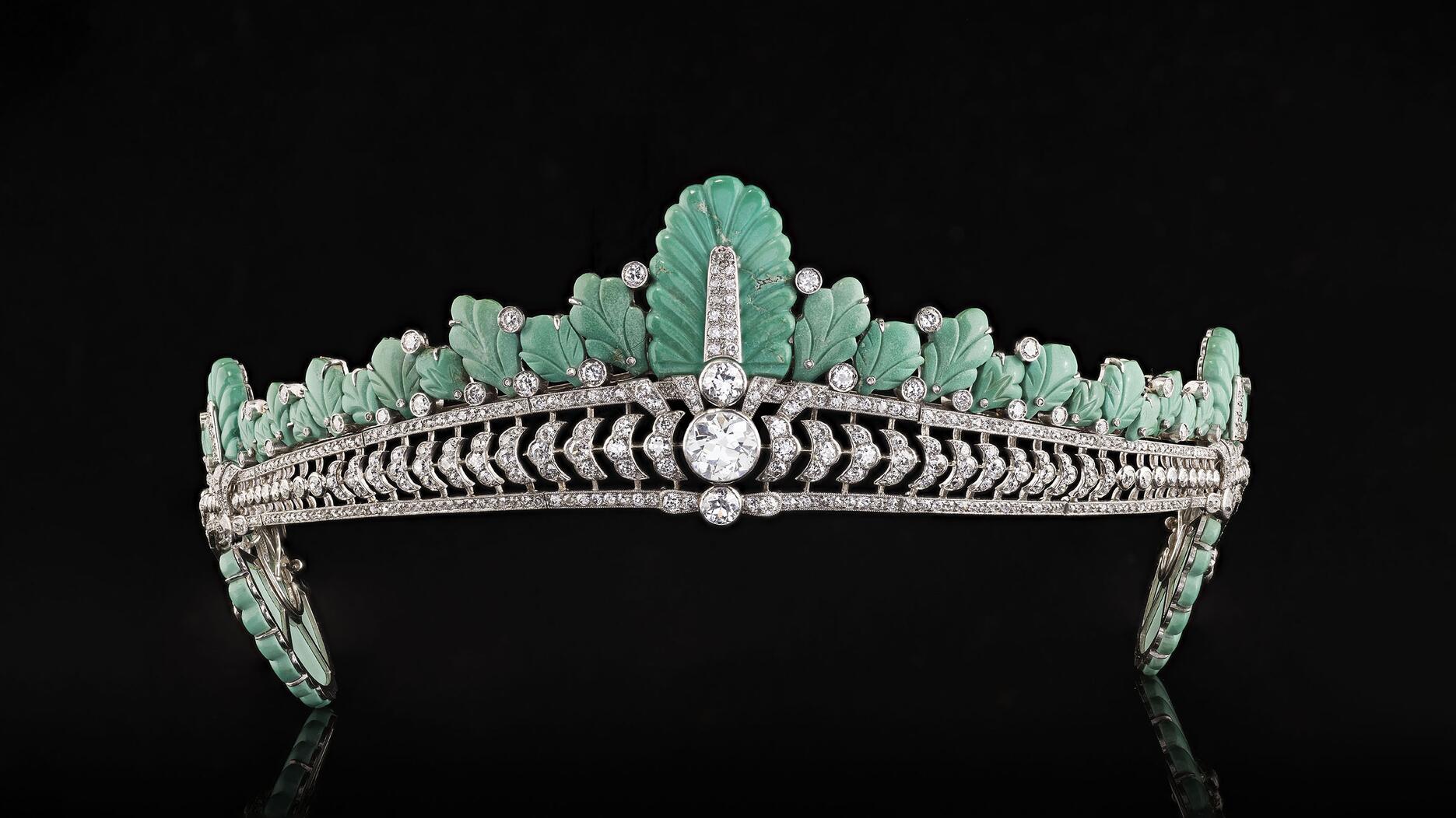 The top lot at Bonhams’ “London Jewels” auction on June 5 was a Cartier turquoise and diamond tiara, circa 1930, owned by Nancy Astor, Viscountess Astor. It exceeded its pre-sale estimate, selling for more than $1 million. Nancy Astor tiara