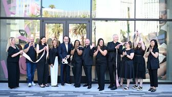 Luciano Rodembusch, general manager of North America at Pandora, cut the ribbon alongside members of the Pandora team to commemorate the opening of the brand’s Las Vegas store. (Photo by Denise Truscello/Getty Images for Pandora) Pandora Las Vegas ribbon cutting ceremony
