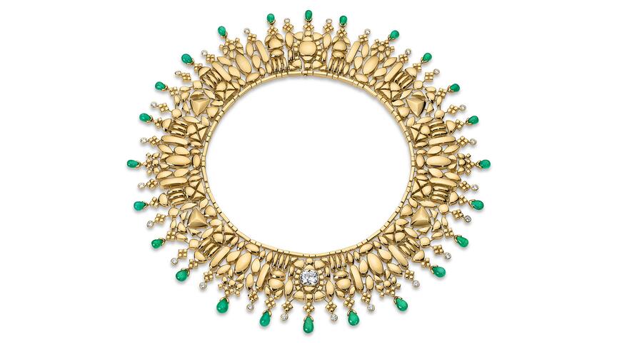 Jade Ruzzo’s “Gloria” collar is one of Associate Editor Natalie Francisco’s favorite pieces from the 2025 Couture show. The 18-karat yellow gold necklace centers on an old mine-cut diamond with brilliant-cut diamond accents and emerald drops (price upon request). Jade Ruzzo Gloria Collar