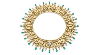 Jade Ruzzo’s “Gloria” collar is one of Associate Editor Natalie Francisco’s favorite pieces from the 2025 Couture show. The 18-karat yellow gold necklace centers on an old mine-cut diamond with brilliant-cut diamond accents and emerald drops (price upon request). Jade Ruzzo Gloria Collar