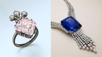 The 10-carat Marie-Thérèse Pink diamond dating back to the 18th-century and set into a modern ring by JAR (left) and “The Blue Belle” necklace featuring a 392.52-carat Ceylon sapphire (right) were the top lots of Christie’s Magnificent Jewels auction this week. Marie-Thérèse Pink diamond and Blue Belle sapphire necklace