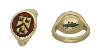 It is believed that Tudor financier and merchant Sir Thomas Gresham gifted this ring to cloth merchant and liveryman Mark Warner. Gresham grasshopper ring